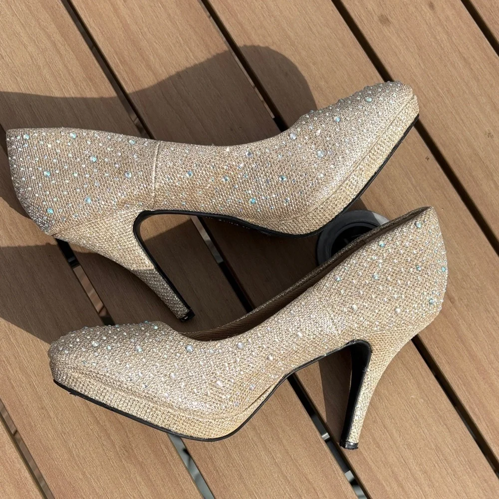 Women's Heels in Glittering Cream Rhinestones Silver Slipper Sparkling - Picture 6 of 13